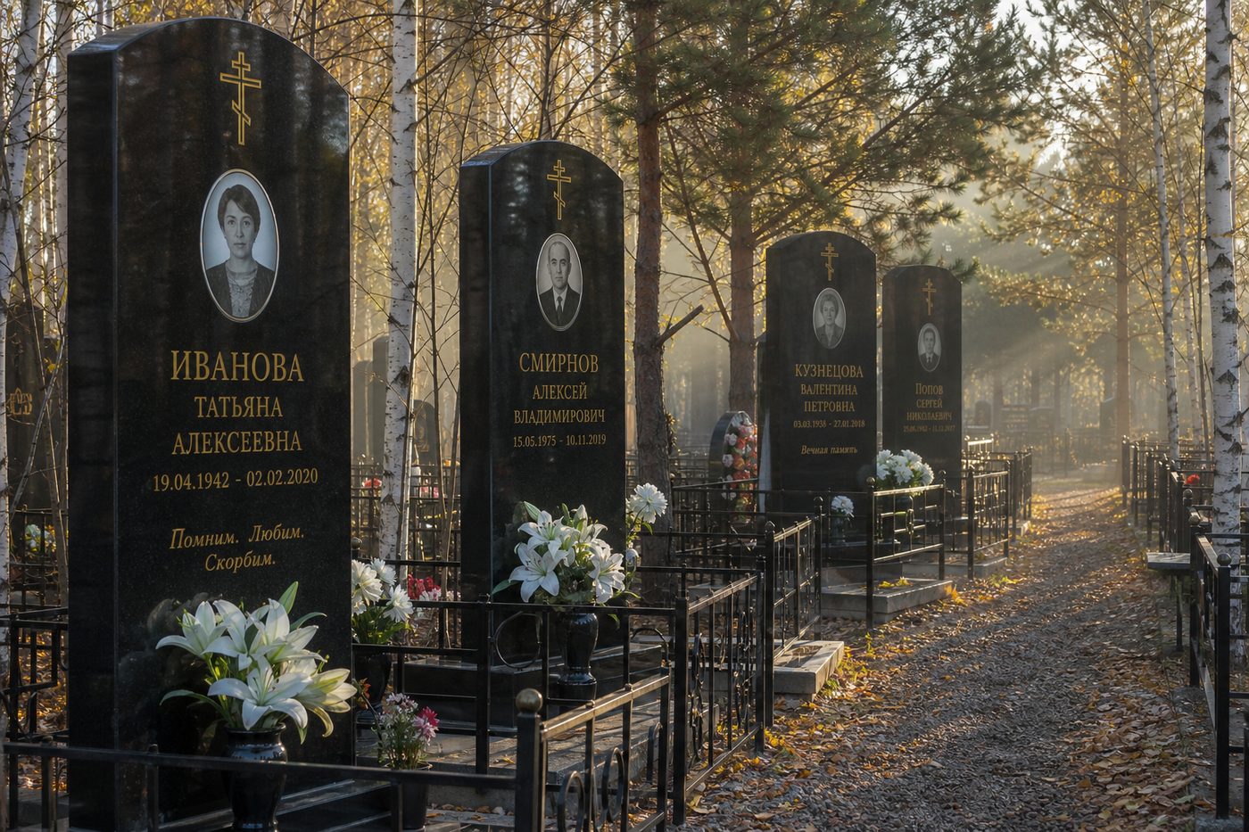 Высокие гранитные памятники на кладбище в Берёзовском